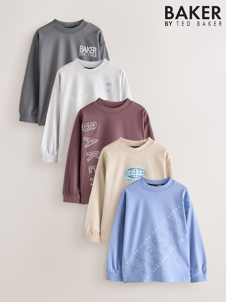 Red/Grey/Stone/Blue - Baker By Ted Baker Long Sleeve Graphic T-shirts 5 Pack
