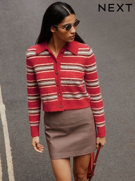 Red/Ecru Stripe - Knitted Collar Cardigan With Wool