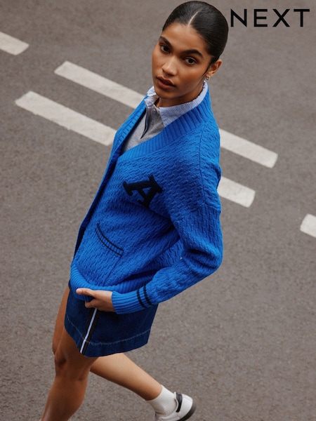 Albastru cobalt - Cotton Rich Mid Length V-neck Stitchy Cardigan