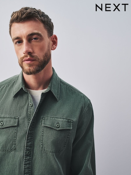 卡其绿色 - Regular Garment Dye Washed Long Sleeve Overshirt