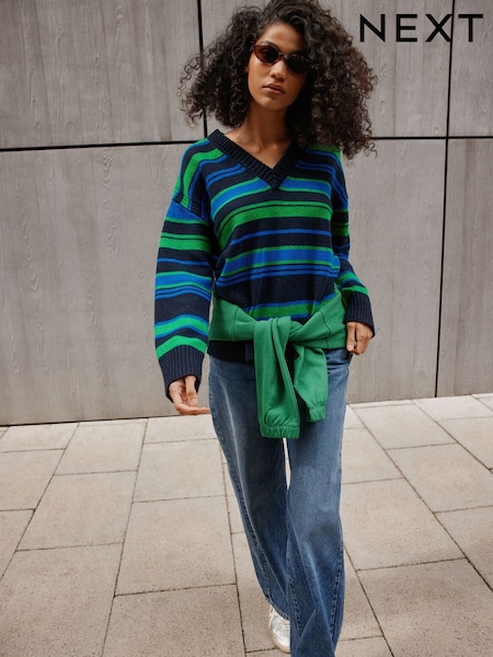 Navy/Green Stripe - Long Sleeve Vneck Relaxed Jumper