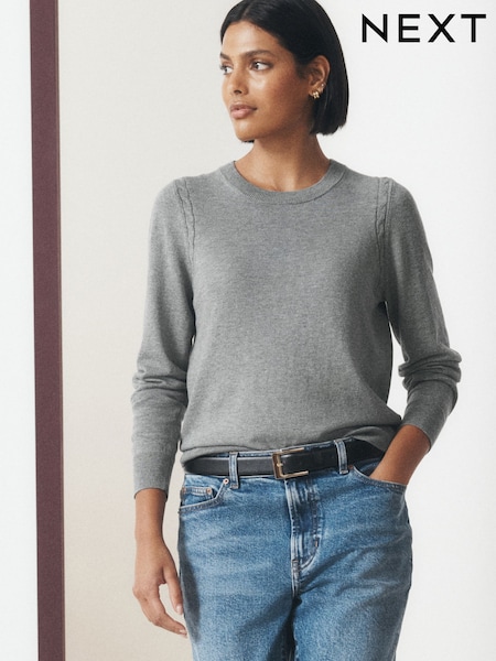 Grey - Cotton Rich Soft Touch Long Sleeve Crew Neck Jumper