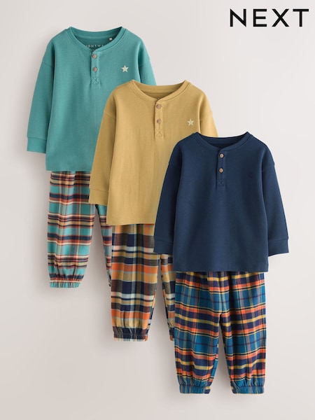 Navy/Ochre/Teal - Check Woven Bottom Pyjamas 3 Pack (9mths-12yrs)