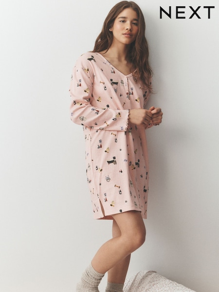 Pink Spa Print - Pointelle Long Sleeve Nightie