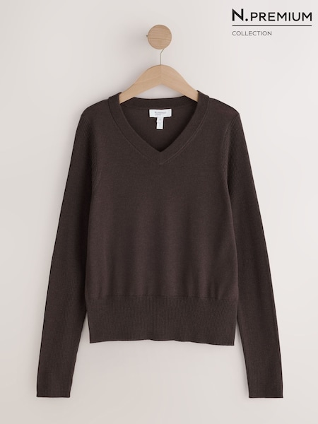 Chocolate Brown - Lightweight Merino Wool V-neck Jumper