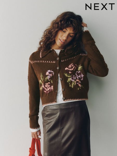 Chocolate Brown Floral - Long Sleeve Knitted Collar Cardigan