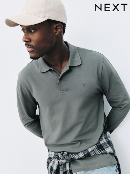 Grey - Regular Fit Long Sleeve Pique Polo Shirt