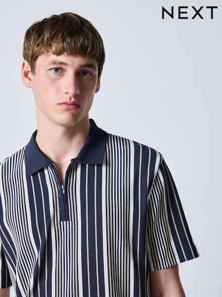 Azul marino/Blanco - Regular Vertical Stripe Quarter Zip Polo Shirt