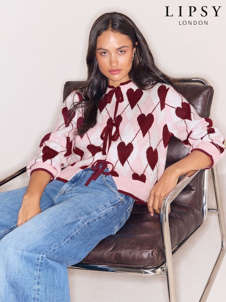 Pink and Red - Lipsy Heart Argyle Tie Front Cosy Knitted Cardigan
