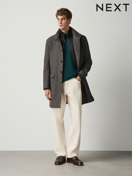 Braun - Regular Wool Blend Mock Gilet Herringbone Padded Coat