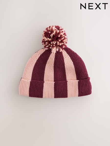 Red Stripe - Knitted Hat With Pom