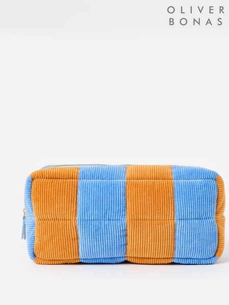 Oliver Bonas Blue Orange Striped Corduroy Large Padded Makeup Bag (Y41345) | kr518