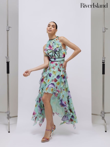 River Island Blue Halter Neck Floral Midi Dress (Y41366) | $249