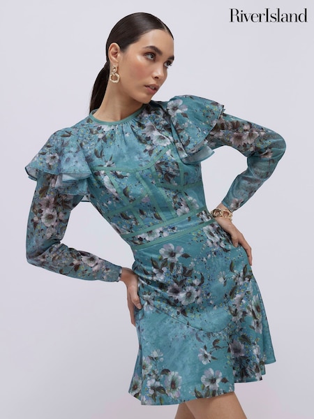 River Island Blue Long Sleeve Floral Mini Dress (Y41375) | $232