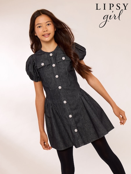 Black - Lipsy Denim Puff Sleeve Diamante Dress (5-16yrs)