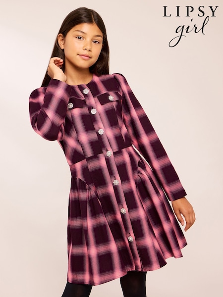 Pink - Lipsy Diamante Button Check Dress (5-16yrs)