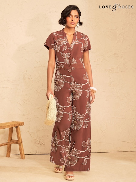Rust Brown - Love & Roses Tailored Notch Neck Short Sleeve Jumpsuit With Cornelli Embroidery