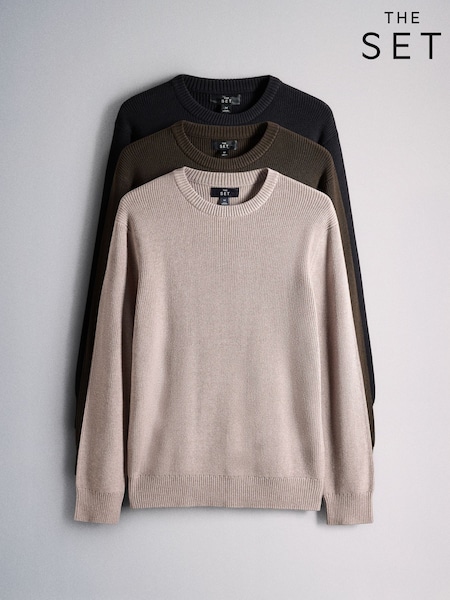 Black - Regular The Set 3 Pack Fisherman Crew Neck Jumpers