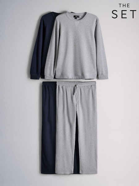 Navy/Grey - Regular The Set 2 Pack Waffle Crew Neck Top And Joggers Lounge Pyjamas Set