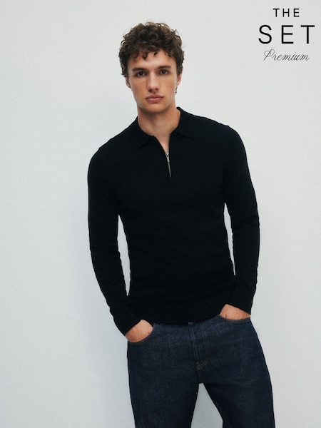 Black - Regular The Set Single Merino Knit Zip Neck Jumper