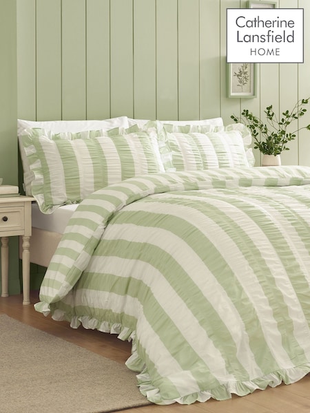 Catherine Lansfield Green Seersucker Frill Stripe Duvet Cover Set (Y41880) | €44 - €79
