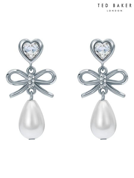 Ted Baker Silver Tone/Pearl & Crystal IVY: Icon Charm Heart Bow Drop Earrings (Y41909) | SGD 112