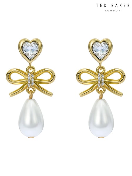 Ted Baker Gold Tone/Pearl & Crystal IVY: Icon Charm Heart Bow Drop Earrings (Y41911) | 388 SAR