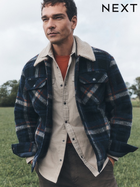 Blue Check - Regular Borg Lined Trucker Jacket With Wool