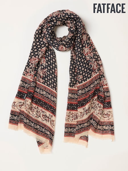 Black - Fatface Linear Floral Lightweight Scarf