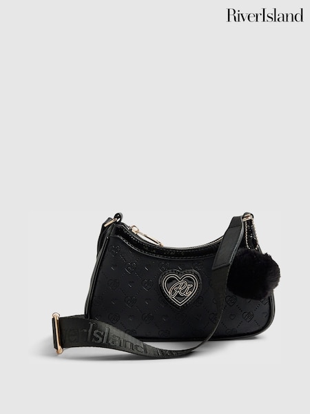 Czarny - River Island Heart Monogram Cross-body Bag