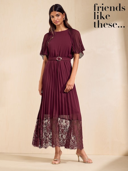 Berry Red - Friends Like These Pleated Short Sleeve Lace Hem Midi Dress