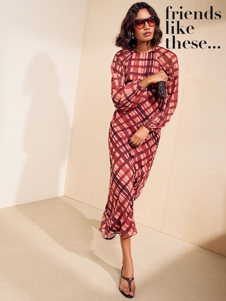 Red Check - Friends Like These Long Sleeve Check Chiffon Midi Dress