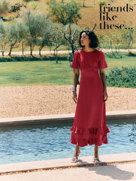 Berry Red - Friends Like These Puff Sleeve Ruffle Hem Satin Midi Dress