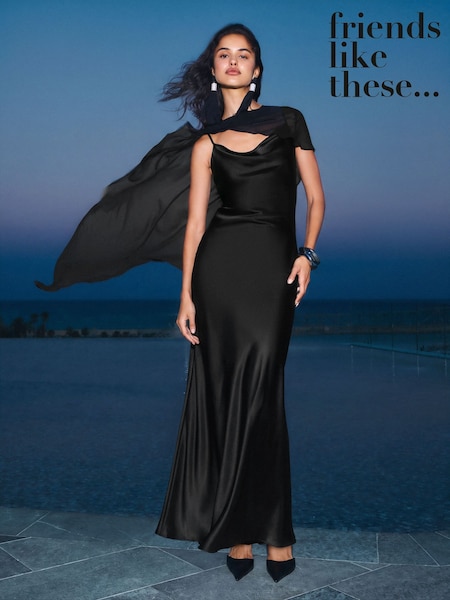 Black - Friends Like These Chiffon Cape Satin Midi Dress