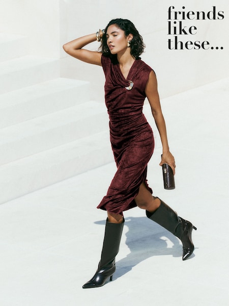 Burgundy Red - Friends Like These Suedette Hardware Draped Midi Dress