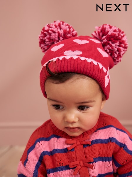 Red/Pink Heart Knitted - Double Pom Baby Beanie