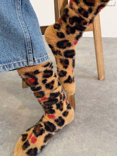 Leopard/Cherry - Never Fully Dressed Fluffy Cosy Socks