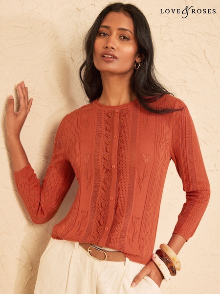 Rust Orange - Love & Roses Cotton Rich Crew Neck Scalloped Lace Detail 3/4 Sleeve Knitted Top