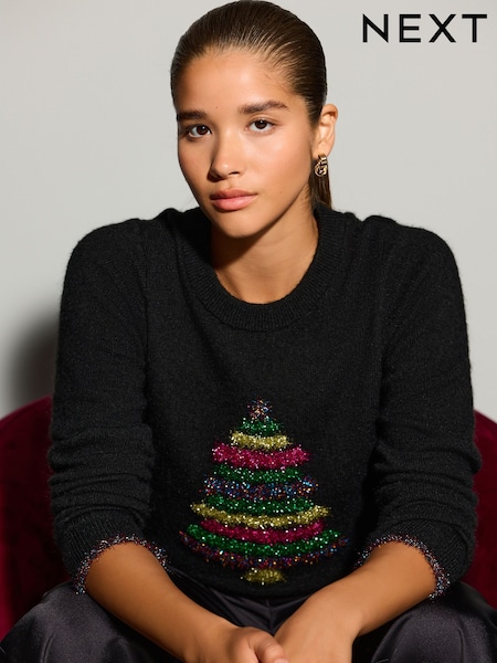 Rainbow Tinsel Tree Black - Christmas Long Sleeve Jumper