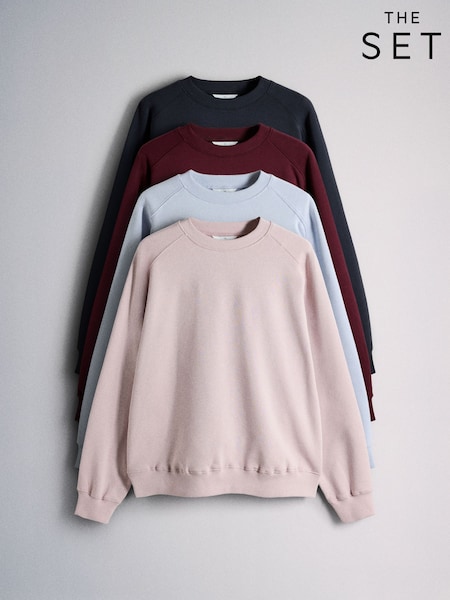 Light Blue/Berry/Light Pink/Navy - The Set 3 Pack Saddle Sleeve Crew Neck Sweatshirts