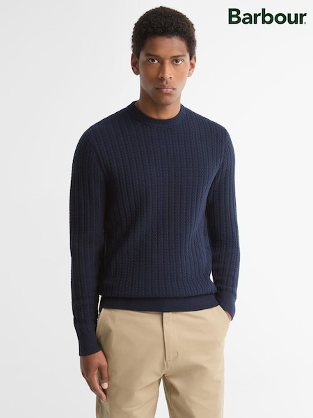 Blue - Regular Barbour® Herringbone Knitted Crew Neck Jumper