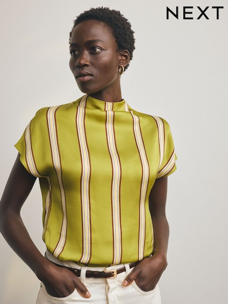Olive Green Stripe - Satin Short Sleeve Top