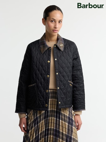 Black - Barbour® Icons Tartan Collar Cropped Liddesdale Quilted Jacket