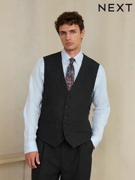 Charcoal Grey - Regular Slim Fit Wool Blend Flannel Suit Waistcoat