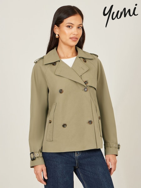 Yumi Green Cropped Trench Jacket With Pockets and Check Lining (Y43403) | SGD 135