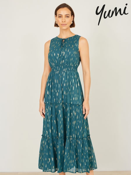 Yumi Blue Foil Print Ruched Waist Midi Dress With Tie Notch Neckline (Y43414) | ₪327