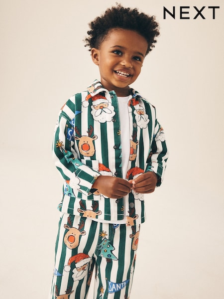 Green/Ecru Striped All Over Print Christmas - Twill Printed Overshirt (3mths-7yrs)
