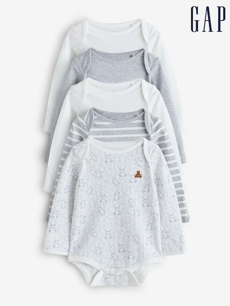 White and Grey - Gap 5 Pack Brannan Bear Long Sleeve Baby Bodysuit (0-24mths)