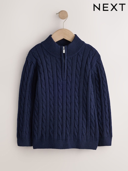 Navy - Zip Neck Cable Knit Jumper (3-16yrs)