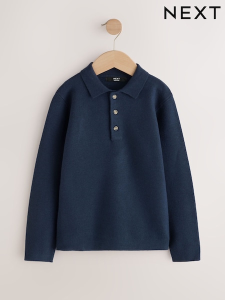 Navy - Knitted Button Neck Polo Shirt (3-16yrs)